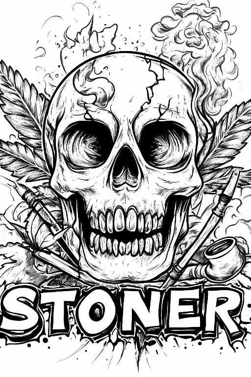 Horror skull decorated with cannabis leaves and smoking pipe, gothic street art style — free printable alternative culture coloring book page