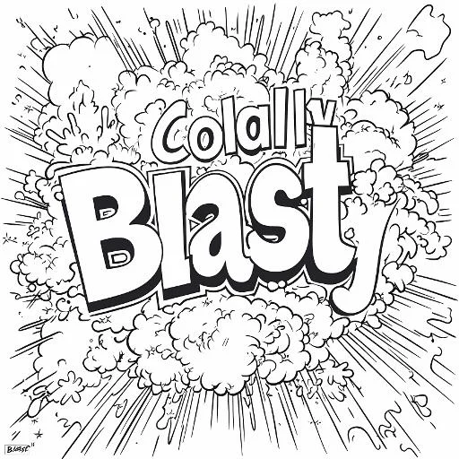 Explosive stylized text 'colall blasty', graffiti pop art style — moderate detail — line art coloring page — for kids and adults of all ages