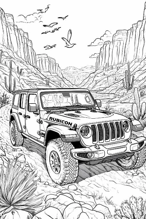 Jeep rubicon off-road vehicle in desert canyon landscape, with cacti — realistic style — moderate detail — line art coloring page — for kids and adults of all ages