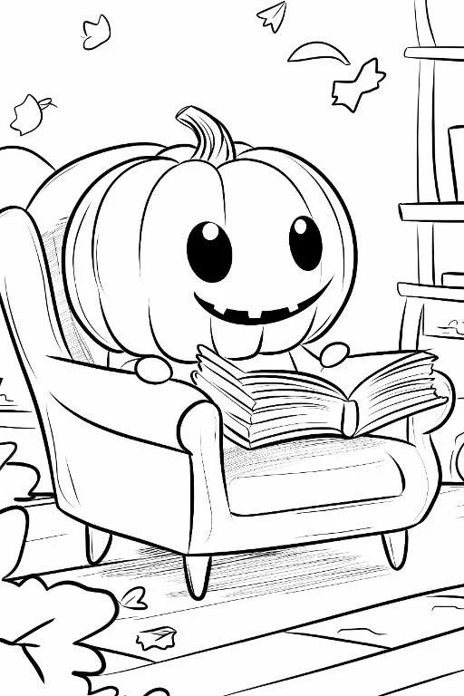 Cute anthropomorphic pumpkin reading a book on an armchair, cartoon style — cartoon style — beginner-friendly — line art coloring page — for kids ages 3–12
