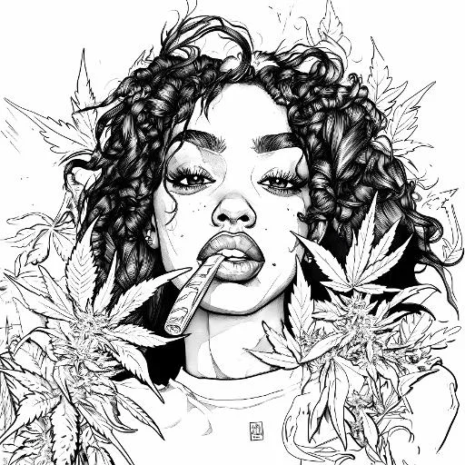 Curly-haired girl surrounded by cannabis plants, comic style — free printable coloring page