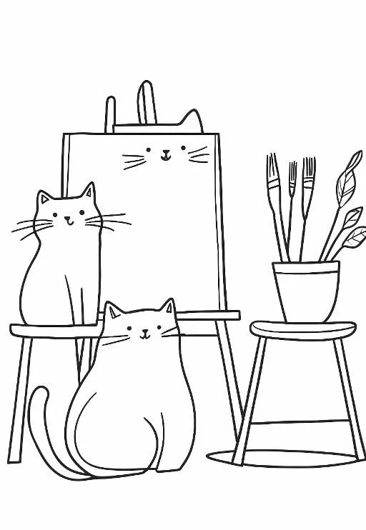 Three cute cats with easel, drawing board and paintbrushes in a pot on small table — cartoon style — beginner-friendly — line art coloring page — for kids and adults of all ages