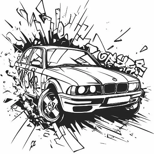 Graffiti-style sedan car, graffiti art style — moderate detail — line art coloring page — for kids and adults of all ages