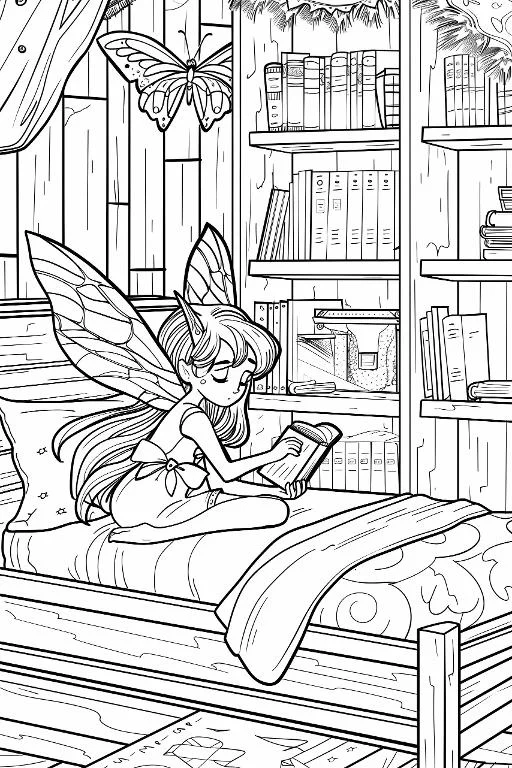 Fairy girl reading a book on bed, cartoon illustration style — cartoon style — moderate detail — line art coloring page — for kids ages 3–12