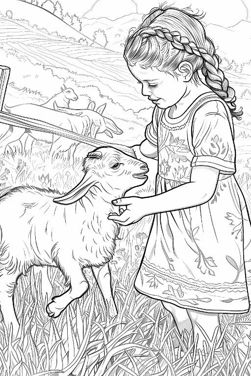 Girl interacting with a cute lamb, realistic illustration style — realistic style — moderate detail — line art coloring page — for kids and adults of all ages