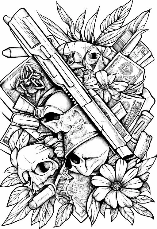 Dark gothic tattoo style composition with shotgun, human skulls — free printable violence coloring book page