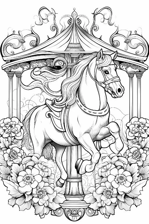 Carousel horse surrounded by peonies and flowers, fairy tale cartoon style — free printable theme park coloring book page