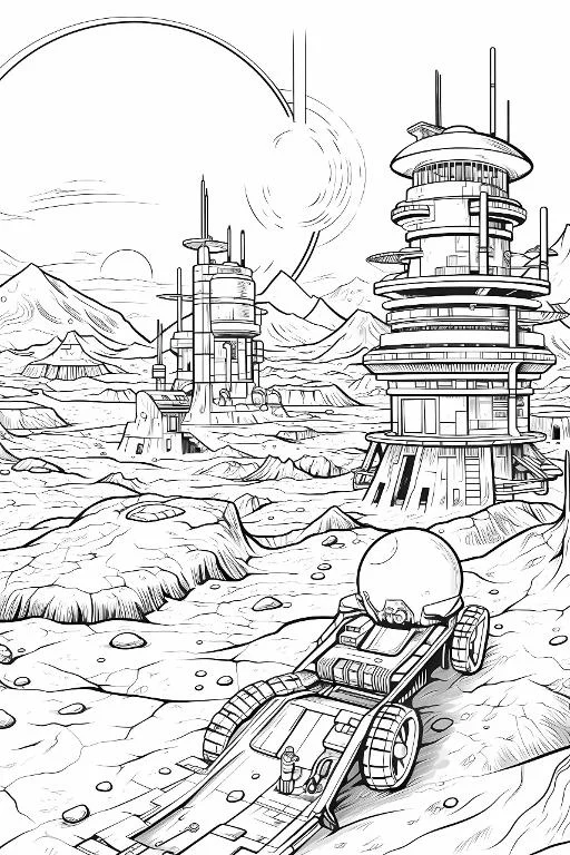 Futuristic buildings and exploration rover on alien desert terrain, sci-fi illustration style — free printable alien landscape coloring book page