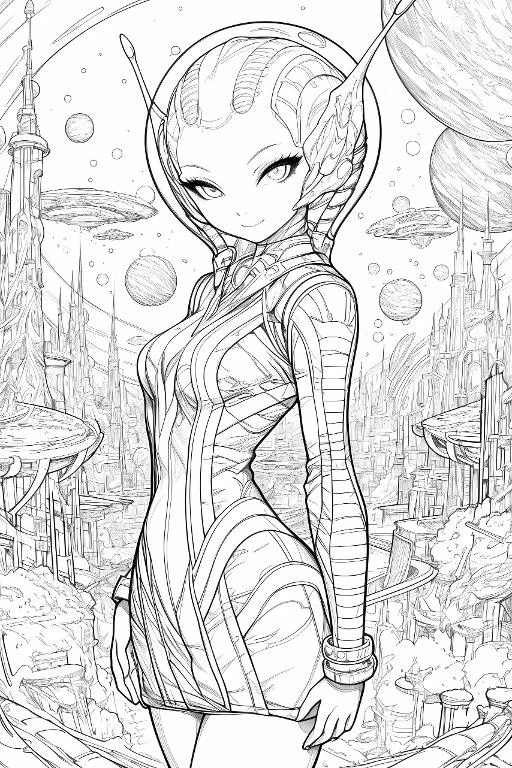 Sci-fi alien girl in anime style, standing in future space city with sci-fi towers — anime style — moderate detail — line art coloring page — for kids and adults of all ages