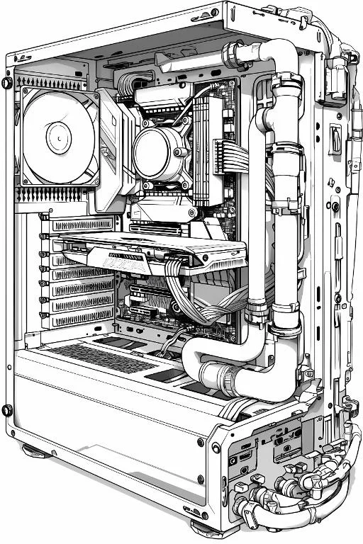 Internal structure of a computer case, realistic style — realistic style — highly detailed — line art coloring page — for teens and adults