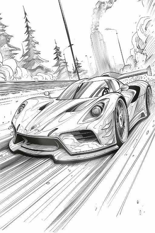 Cool sports car speeding on highway, sketch art style — free printable coloring page