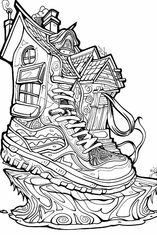 Whimsical shoe-shaped house, cartoon fantasy style — free printable coloring page