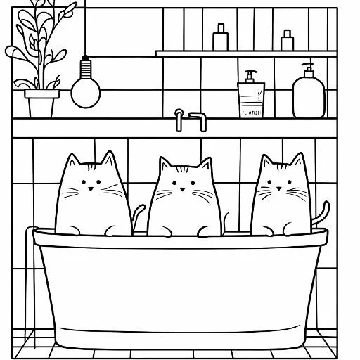 Three cats in a bathtub, cartoon style — free printable coloring page