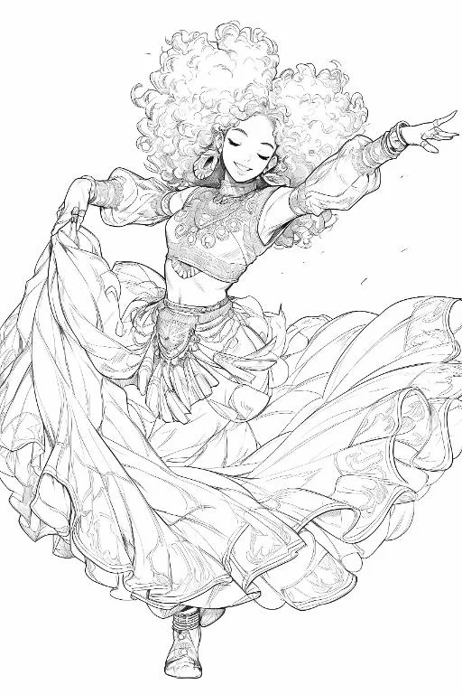 Curly-haired latin dancer, anime illustration style — free printable coloring page