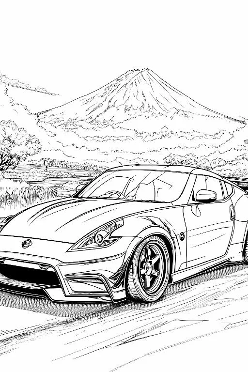 Nissan sports car in front of mount fuji, realistic line art style — free printable coloring page
