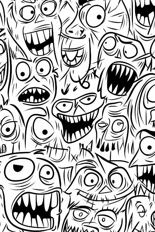 Dense cartoon horror monster faces, graffiti and cartoon style — free printable coloring page