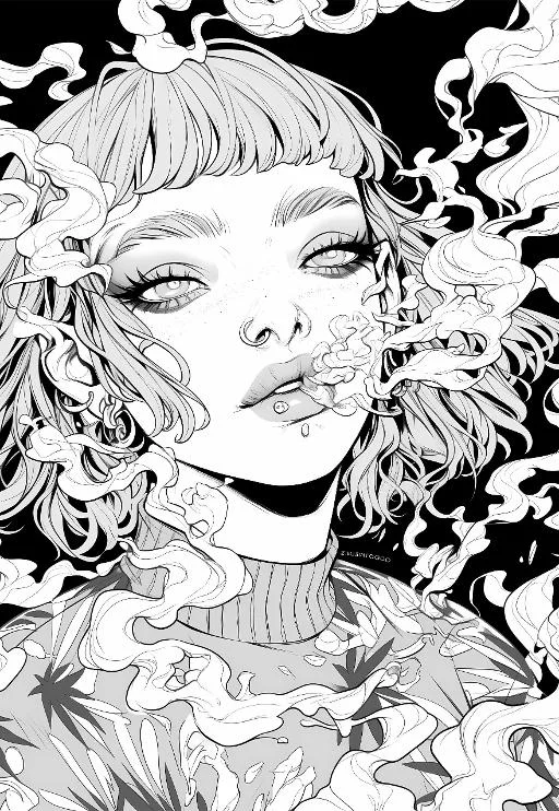 Curly-haired girl blowing smoke with nose and lip piercings, anime illustration style — anime style — highly detailed — line art coloring page — for teens and adults