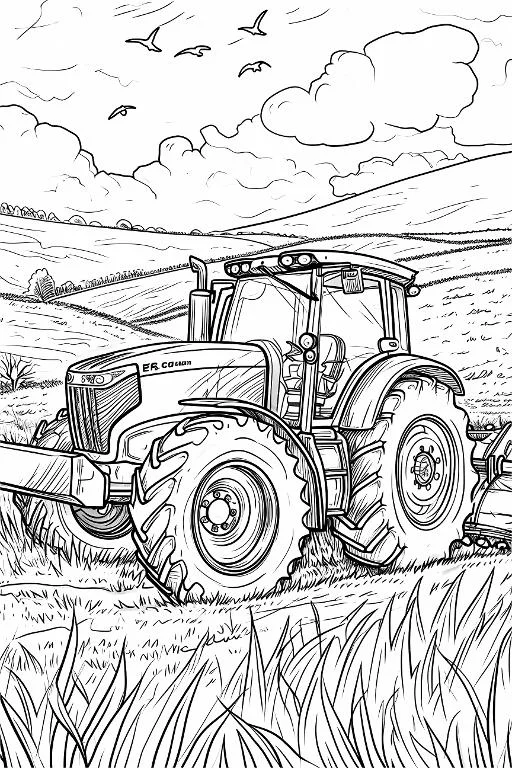 Agricultural tractor in rural field, realistic illustration style — realistic style — moderate detail — line art coloring page — for kids and adults of all ages