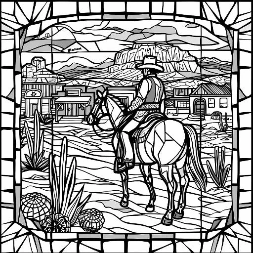 Cowboy riding horse in western desert town, stained glass border — moderate detail — line art coloring page — for kids and adults of all ages