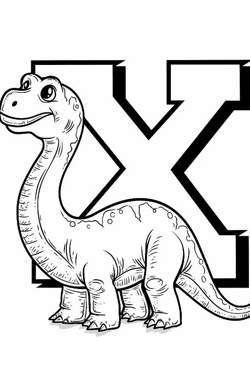 Cartoon brachiosaurus with bold letter x, cartoon style — free printable coloring page
