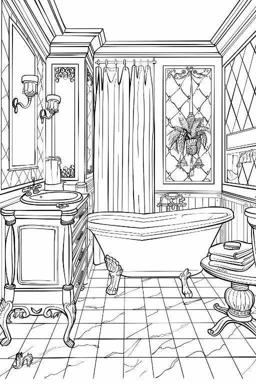 Classic vintage bathroom interior, realistic line art style — moderate detail — line art coloring page — for kids and adults of all ages