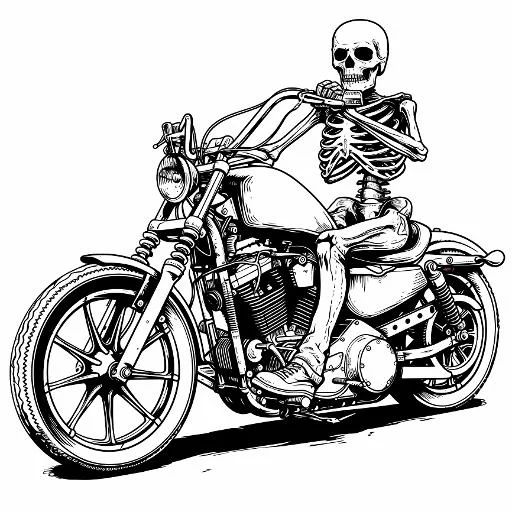 Skeleton motorcycle rider, horror style — free printable motorcycles coloring book page