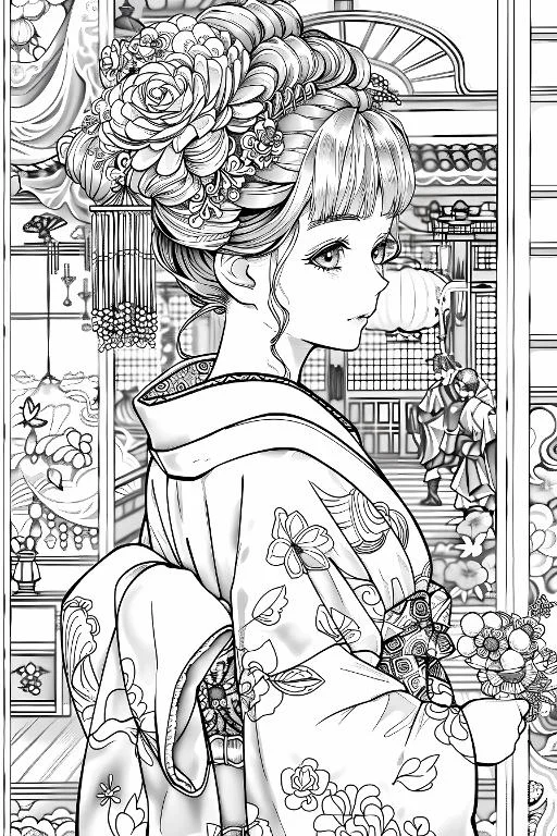 Japanese girl in traditional kimono with floral hair accessories, japanese traditional style — highly detailed — line art coloring page — for kids and adults of all ages