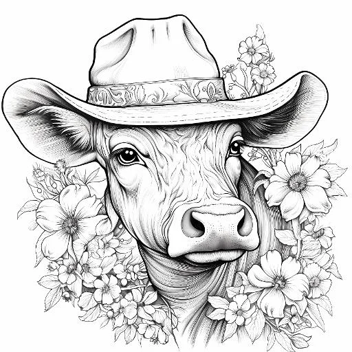 Cow wearing cowboy hat surrounded by various flowers, realistic line art style — free printable western style coloring book page