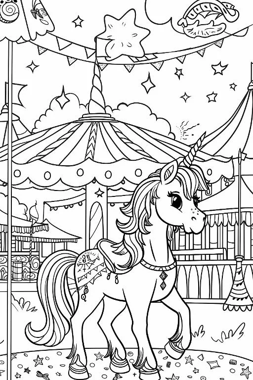 Cute unicorn at carousel, cartoon fairy tale style — free printable amusement park coloring book page