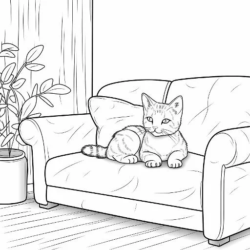 Cute cat lying on sofa, sketch style — free printable coloring page