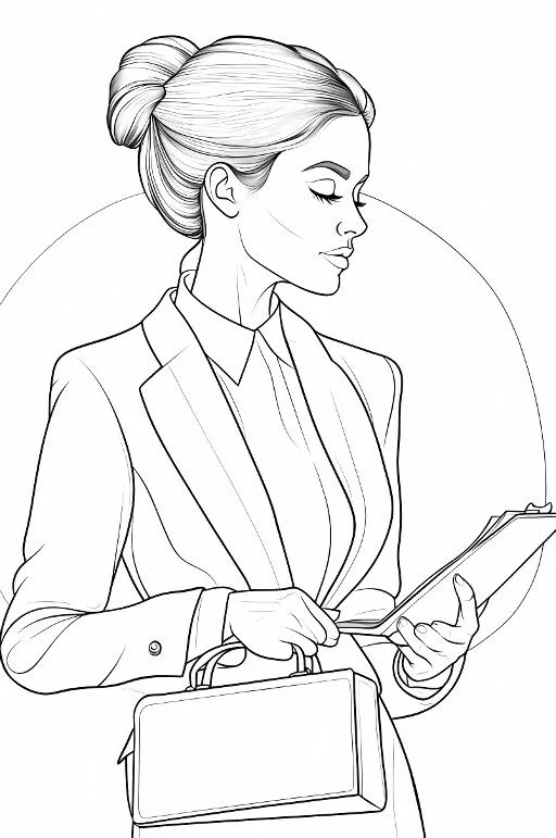 Professional office woman with bun hairstyle, holding a folder and briefcase — realistic style — moderate detail — line art coloring page — for kids and adults of all ages