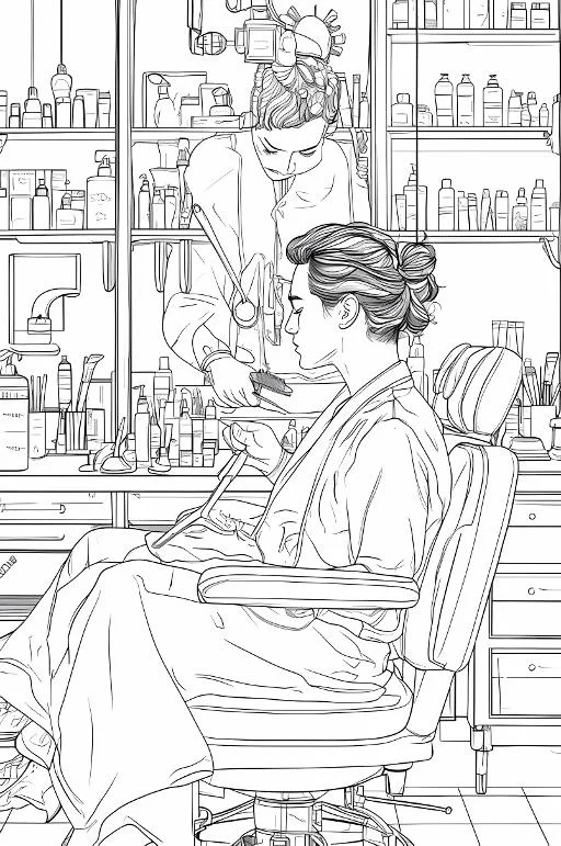 Barber and customer in a hair salon, realistic line art style — realistic style — moderate detail — line art coloring page — for kids and adults of all ages