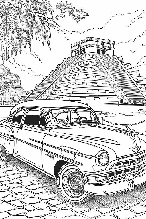 Vintage car parked in front of mayan pyramid, retro realistic style — moderate detail — line art coloring page — for kids and adults of all ages