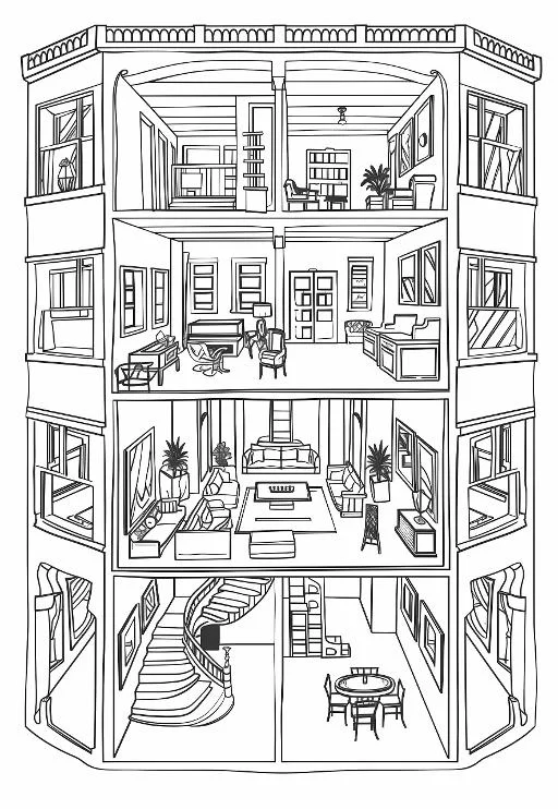 Coloring book page, cross-section of a multi-story residential building interior — realistic style — moderate detail — line art coloring page — for kids and adults of all ages