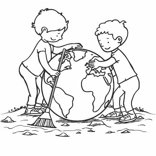 Two boys cleaning around the earth, cartoon style — cartoon style — beginner-friendly — line art coloring page — for toddlers and preschoolers