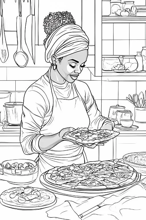 Female chef making pizza in kitchen, realistic line art style — free printable chef coloring book page