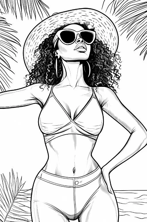 Curly-haired girl in swimsuit with wide-brimmed hat and sunglasses, cartoon style — free printable swimming coloring book page