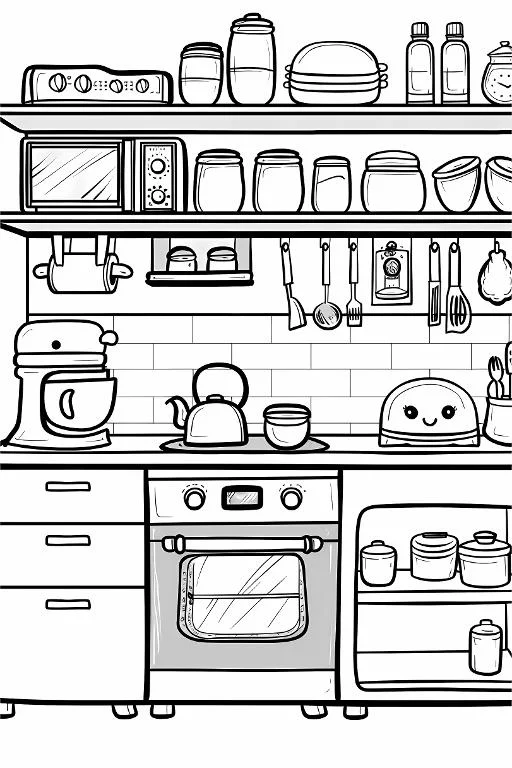 Cartoon style kitchen scene, featuring cute anthropomorphic bread machine — cartoon style — moderate detail — line art coloring page — for kids and adults of all ages