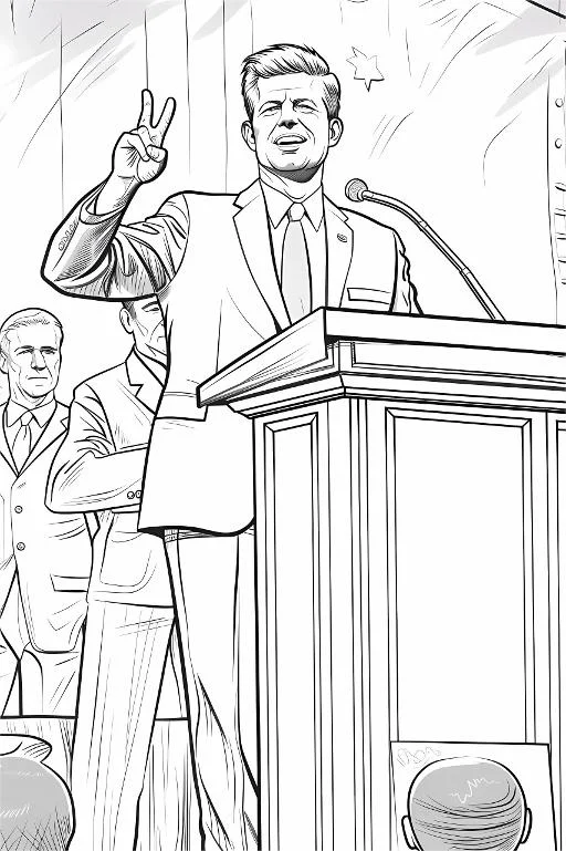 Speaking john f. kennedy at podium with microphone, realistic illustration style — realistic style — moderate detail — line art coloring page — for kids and adults of all ages