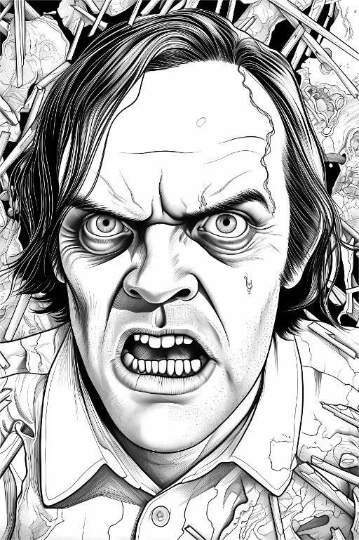 Crazy horror male face from the shining, realistic horror style — realistic style — highly detailed — line art coloring page — for teens and adults