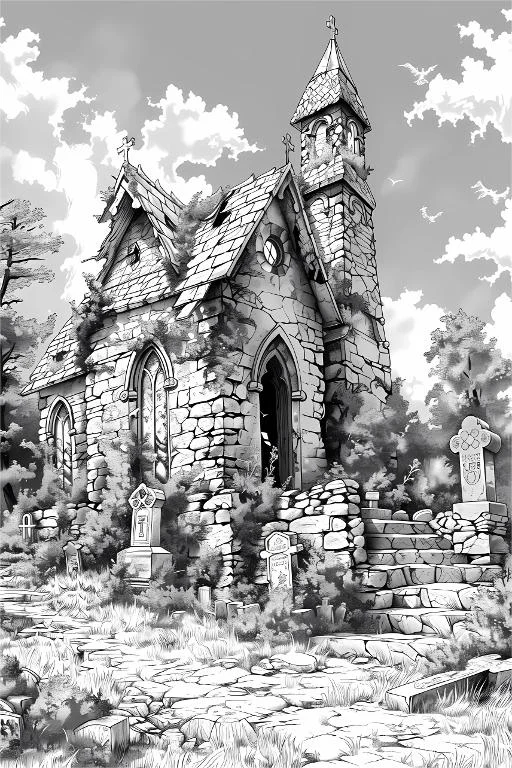 Abandoned gothic stone church in graveyard, gothic style — free printable dark fantasy coloring book page