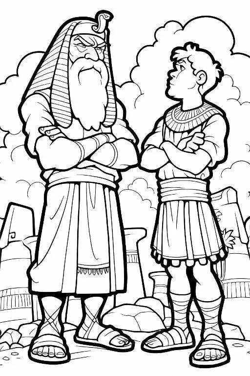Two ancient egyptian style characters: an elder with long beard and a young boy, cartoon style — cartoon style — moderate detail — line art coloring page — for kids and adults of all ages