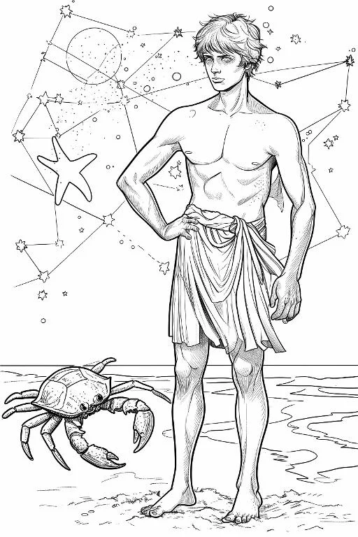 Mythological man representing cancer zodiac sign standing on beach, with a crab beside him — free printable constellations coloring book page
