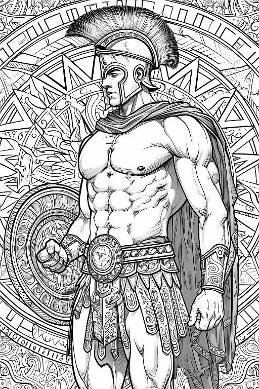 Muscular ancient roman warrior with feather helmet and cape, roman retro style — free printable rome coloring book page