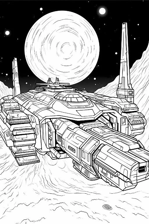 Sci-fi space battleship, realistic line art style — free printable alien landscape coloring book page