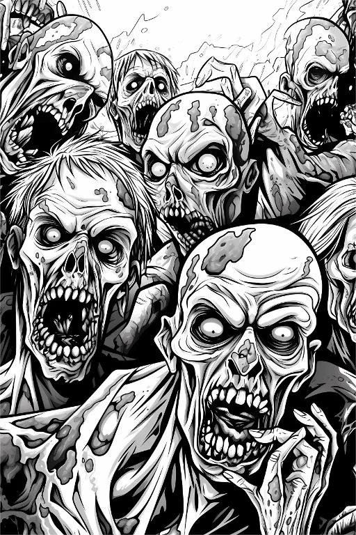 Group of horror zombies, comic horror style — free printable zombies coloring book page