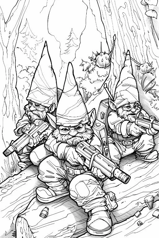 Fantasy gnomes holding assault rifles, cartoon style — free printable coloring page