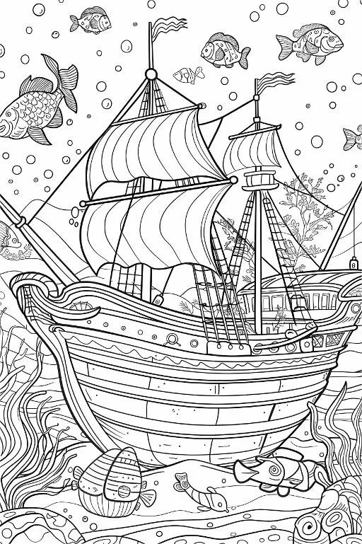 Coloring book page, sunken ship on the seabed — free printable shipwreck coloring book page