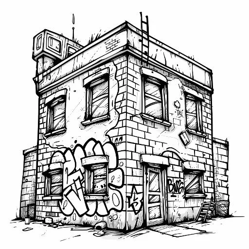 Abandoned building with graffiti, sketch style — moderate detail — line art coloring page — for kids and adults of all ages