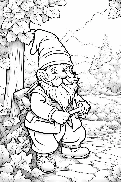 Forest gnome with backpack and walking stick, cartoon style — cartoon style — moderate detail — line art coloring page — for kids and adults of all ages